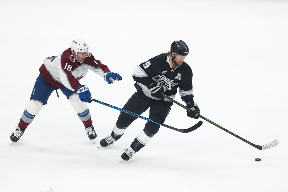 LA Kings right wing Adrian Kempe (9) skates with the puck during an NHL game against the Colorado Avalanche on April 23, 2026 in Los Angeles, CA. LA Kings right wing Adrian Kempe (9) skates with the puck during an NHL game against the Colorado Avalanche on April 23, 2026 in Los Angeles, CA.