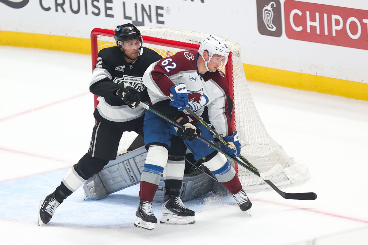 LA Kings defenseman Brian Dumoulin (2) battles for position with Colorado Avalanche left wing Artturi Lehkonen (62) during an NHL game on April 23, 2026 in Los Angeles, CA. LA Kings defenseman Brian Dumoulin (2) battles for position with Colorado Avalanche left wing Artturi Lehkonen (62) during an NHL game on April 23, 2026 in Los Angeles, CA.