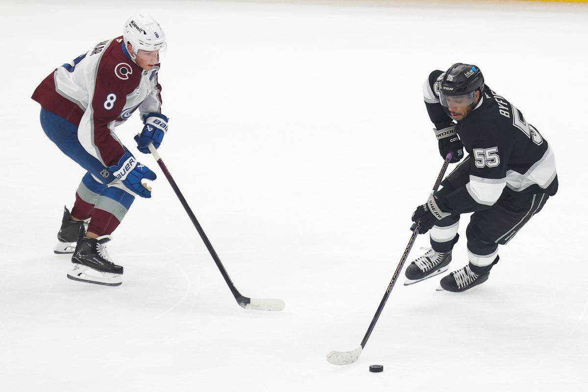 LA Kings right wing Quinton Byfield (55) skates with the puck during an NHL game against the Colorado Avalanche on April 23, 2026 in Los Angeles, CA. LA Kings right wing Quinton Byfield (55) skates with the puck during an NHL game against the Colorado Avalanche on April 23, 2026 in Los Angeles, CA.