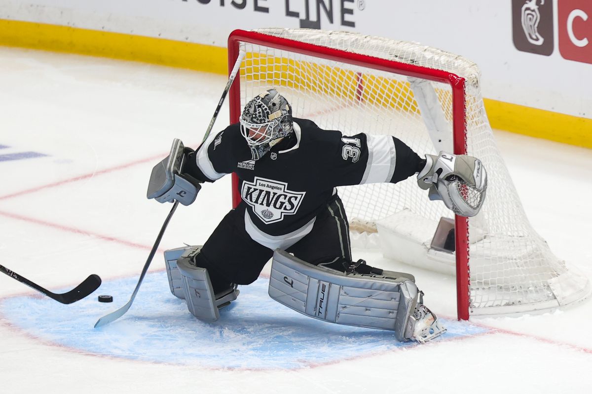 LA Kings goalie Anton Forsberg (31) attempts to make a stop during an NHL game against the Colorado Avalanche on April 23, 2026 in Los Angeles, CA. LA Kings goalie Anton Forsberg (31) attempts to make a stop during an NHL game against the Colorado Avalanche on April 23, 2026 in Los Angeles, CA.