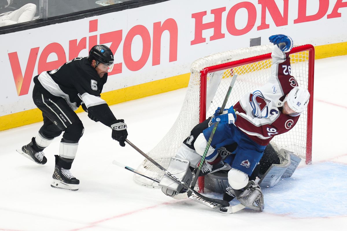 A Kings defenseman Cody Ceci (5) fights for the puck during an NHL game against the Colorado Avalanche on April 23, 2026 in Los Angeles, CA. A Kings defenseman Cody Ceci (5) fights for the puck during an NHL game against the Colorado Avalanche on April 23, 2026 in Los Angeles, CA.