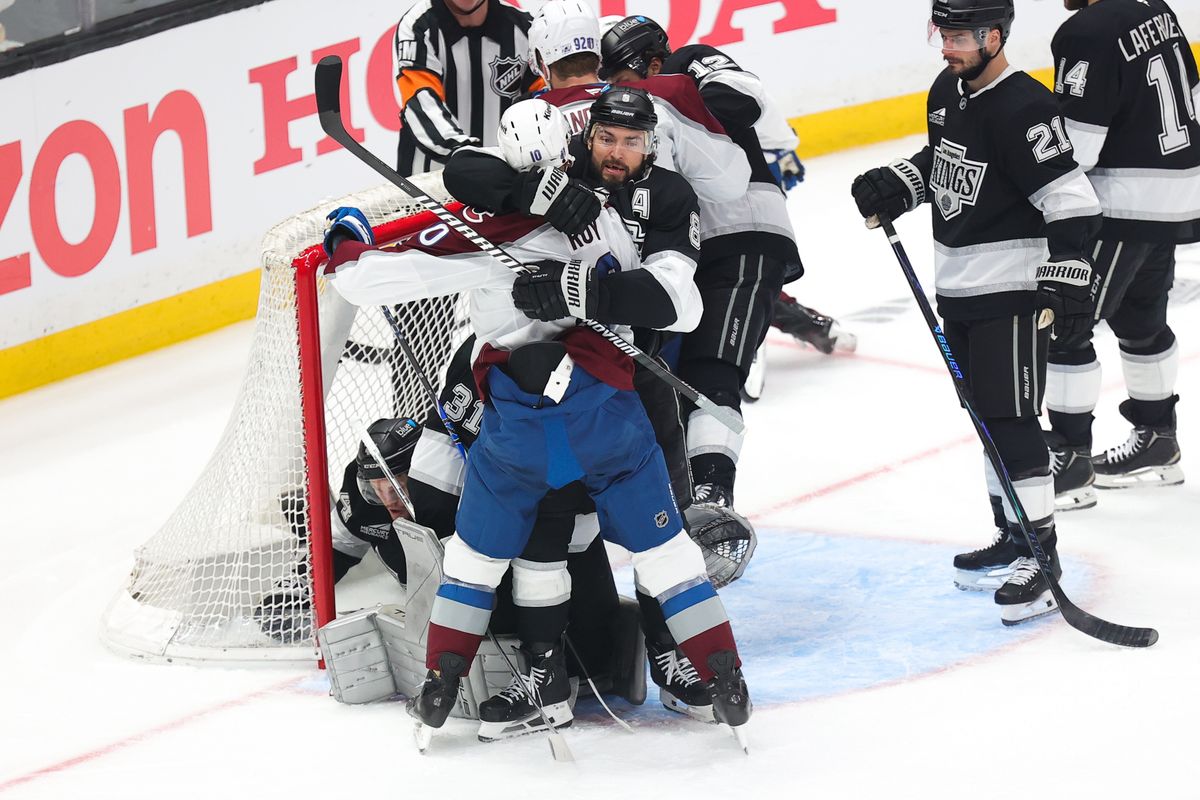 LA Kings defenseman Drew Doughty (8) gets tied up at the net during an NHL game against the Colorado Avalanche on April 23, 2026 in Los Angeles, CA. LA Kings defenseman Drew Doughty (8) gets tied up at the net during an NHL game against the Colorado Avalanche on April 23, 2026 in Los Angeles, CA.