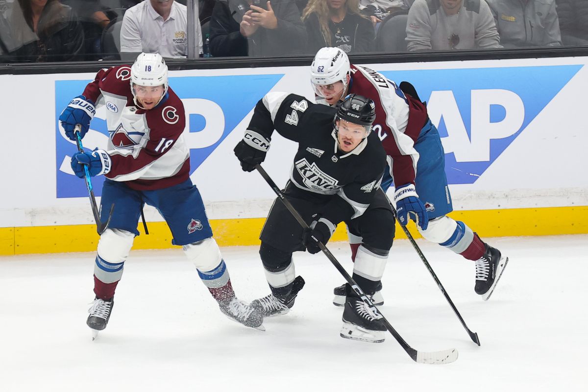 LA Kings defenseman Mikey Anderson (44) chases after the puck during an NHL game against the Colorado Avalanche on April 23, 2026 in Los Angeles, CA. LA Kings defenseman Mikey Anderson (44) chases after the puck during an NHL game against the Colorado Avalanche on April 23, 2026 in Los Angeles, CA.