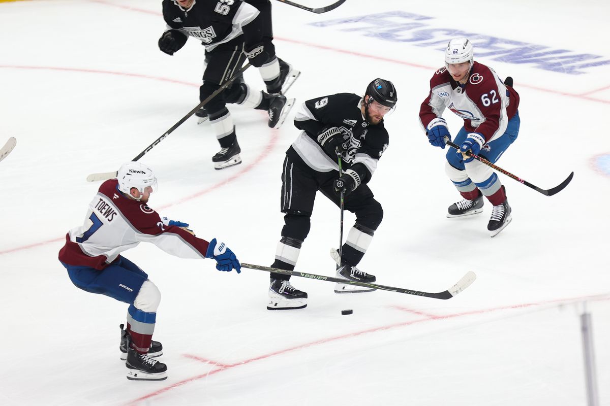 LA Kings right wing Adrian Kempe (9) skates with the puck during an NHL game against the Colorado Avalanche on April 23, 2026 in Los Angeles, CA. LA Kings right wing Adrian Kempe (9) skates with the puck during an NHL game against the Colorado Avalanche on April 23, 2026 in Los Angeles, CA.