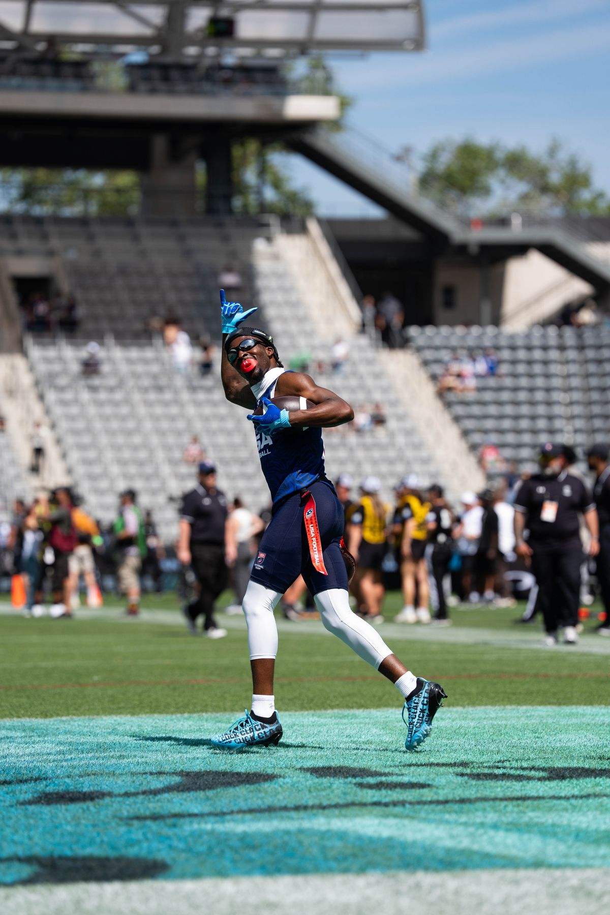 A Team USA player celebrates with fans during warmups ahead of the Fanatics Flag Football event, March 21, 2026, in Los Angeles. A Team USA player celebrates with fans during warmups ahead of the Fanatics Flag Football event, March 21, 2026, in Los Angeles.