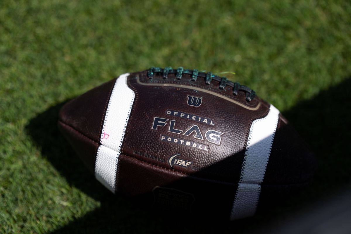 An official flag football is seen during the Fanatics Flag Football event, March 21, 2026, in Los Angeles. An official flag football is seen during the Fanatics Flag Football event, March 21, 2026, in Los Angeles.