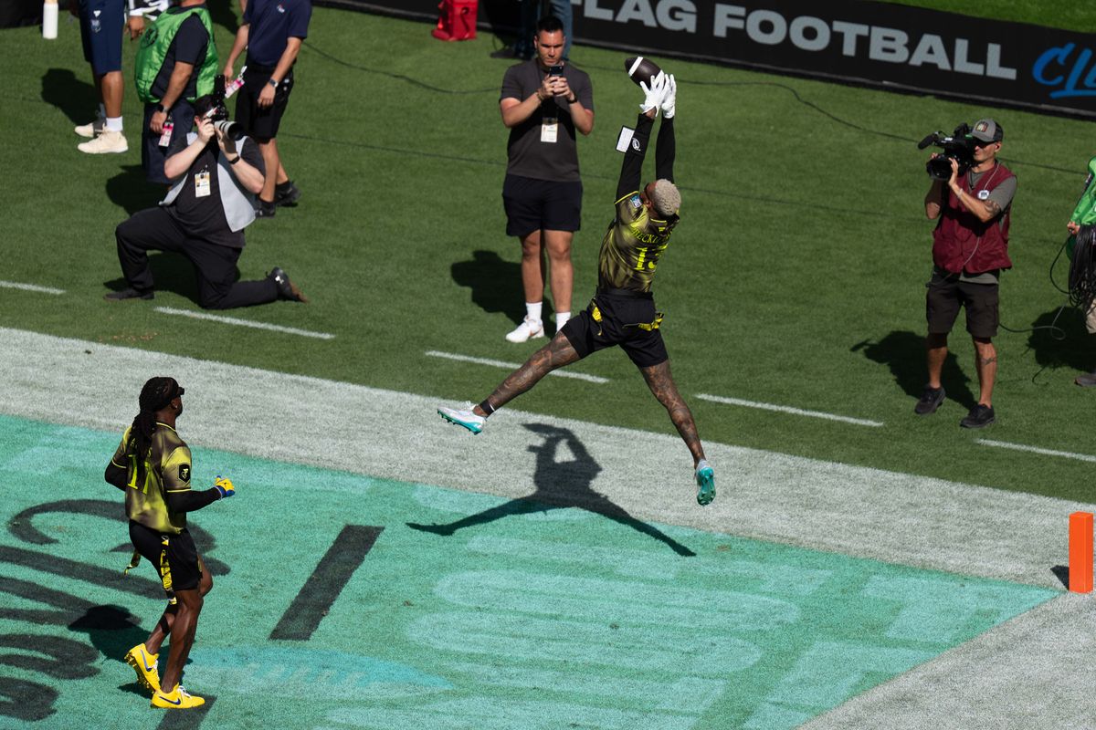 Wildcats wide receiver Odell Beckham Jr. (13) jumps for a touchdown catch during the Fanatics Flag Football event, March 21, 2026, in Los Angeles. Wildcats wide receiver Odell Beckham Jr. (13) jumps for a touchdown catch during the Fanatics Flag Football event, March 21, 2026, in Los Angeles.