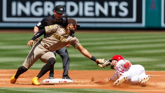 Nolan Schanuel #18 of the Los Angeles Angels slides into second base against Fernando Tatis Jr. #23 of the San Diego Padres during the game at Angel Stadium of Anaheim on April 19, 2026 in Anaheim, California. Nolan Schanuel #18 of the Los Angeles Angels slides into second base against Fernando Tatis Jr. #23 of the San Diego Padres during the game at Angel Stadium of Anaheim on April 19, 2026 in Anaheim, California.