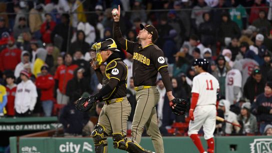Apr 4, 2026; Foxborough, Massachusetts, USA; San Diego Padres relief pitcher Mason Miller (22) reacts after defeating the Boston Red Sox at Fenway Park. Mandatory Credit: Eric Canha-Imagn Images Apr 4, 2026; Foxborough, Massachusetts, USA; San Diego Padres relief pitcher Mason Miller (22) reacts after defeating the Boston Red Sox at Fenway Park. Mandatory Credit: Eric Canha-Imagn Images