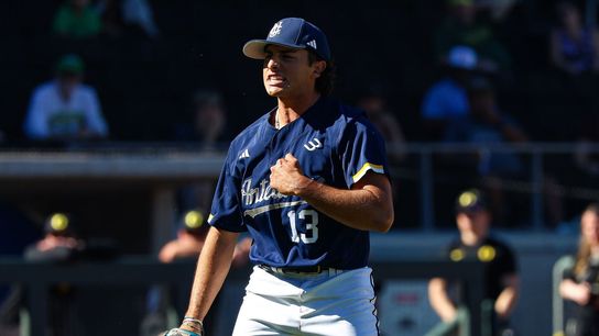 UC Irvine Anteaters LHP Ricky Ojeda (13) reacts after striking out the side against the Oregon Ducks at the 2026 Live Like Lou Las Vegas College Baseball Classic on Saturday, February 28, 2026, at Las Vegas Ballpark in Las Vegas, Nevada. UC Irvine Anteaters LHP Ricky Ojeda (13) reacts after striking out the side against the Oregon Ducks at the 2026 Live Like Lou Las Vegas College Baseball Classic on Saturday, February 28, 2026, at Las Vegas Ballpark in Las Vegas, Nevada.