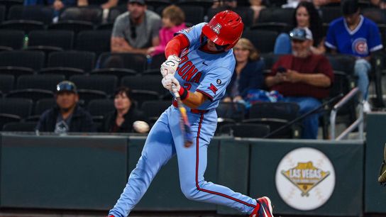Arizona Wildcats OF Andrew Cain (3) hits a base knock against the Vanderbilt Commodores at the 2026 Live Like Lou Las Vegas College Baseball Classic on Saturday, February 28, 2026, at Las Vegas Ballpark in Las Vegas, Nevada. Arizona Wildcats OF Andrew Cain (3) hits a base knock against the Vanderbilt Commodores at the 2026 Live Like Lou Las Vegas College Baseball Classic on Saturday, February 28, 2026, at Las Vegas Ballpark in Las Vegas, Nevada.