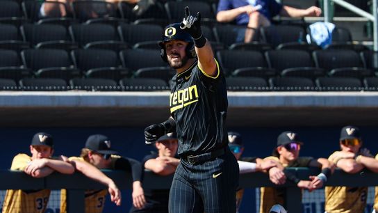 Oregon Ducks 1B Gabe Miranda (26) points towards his dugout after hitting a home run against the Vanderbilt Commodores at the 2026 Live Like Lou Las Vegas College Baseball Classic on Sunday, March 1, 2026 at Las Vegas Ballpark in Las Vegas, Nevada. Oregon Ducks 1B Gabe Miranda (26) points towards his dugout after hitting a home run against the Vanderbilt Commodores at the 2026 Live Like Lou Las Vegas College Baseball Classic on Sunday, March 1, 2026 at Las Vegas Ballpark in Las Vegas, Nevada.