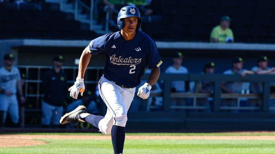 UC Irvine Anteaters OF Tommy Farmer (2) legs out a single against the Oregon Ducks at the 2026 Live Like Lou Las Vegas College Baseball Classic on Saturday, February 28, 2026, at Las Vegas Ballpark in Las Vegas, Nevada. UC Irvine Anteaters OF Tommy Farmer (2) legs out a single against the Oregon Ducks at the 2026 Live Like Lou Las Vegas College Baseball Classic on Saturday, February 28, 2026, at Las Vegas Ballpark in Las Vegas, Nevada.