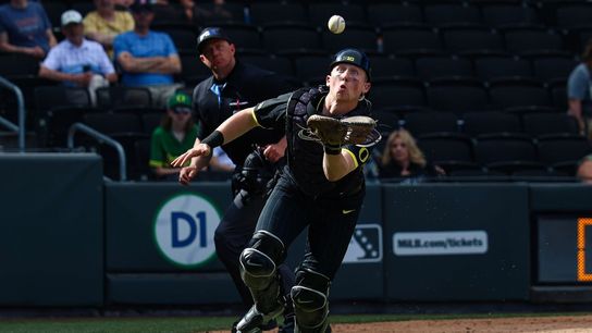 Oregon Ducks C Burke-Lee Mabeus (5) watches the ball prior to making a clutch out in the ninth inning of a college baseball game against the Vanderbilt Commodores at the 2026 Live Like Lou Las Vegas College Baseball Classic on Sunday, March 1, 2026 at Las Vegas Ballpark in Las Vegas, Nevada. Oregon Ducks C Burke-Lee Mabeus (5) watches the ball prior to making a clutch out in the ninth inning of a college baseball game against the Vanderbilt Commodores at the 2026 Live Like Lou Las Vegas College Baseball Classic on Sunday, March 1, 2026 at Las Vegas Ballpark in Las Vegas, Nevada.
