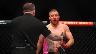 Gaethje looks to drag Pimblett into a "war" at UFC 324 taken at T-Mobile Arena (UFC). Photo by Mark J. Rebilas-Imagn Images