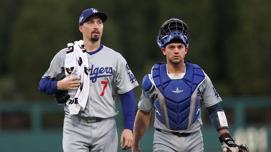 Los Angeles Dodgers pitcher Blake Snell (7) and catcher Ben Rortvedt (47) walk to the dudout prior to game two of the NLDS round against the Philadelphia Phillies for the 2025 MLB playoffs at Citizens... Los Angeles Dodgers pitcher Blake Snell (7) and catcher Ben Rortvedt (47) walk to the dudout prior to game two of the NLDS round against the Philadelphia Phillies for the 2025 MLB playoffs at Citizens...