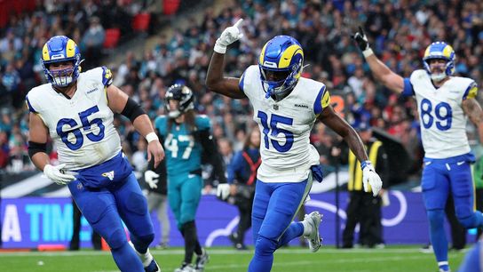 Los Angeles Rams wide receiver Konata Mumpfield (15) reacts after scoring a touchdown against the Jacksonville Jaguars during the first half during a NFL International Series game at Wembley Stadium.