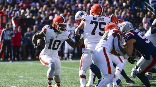 Oct 26, 2025; Foxborough, Massachusetts, USA; Cleveland Browns running back Quinshon Judkins (10) runs with the ball against the New England Patriots during the second quarter at Gillette Stadium. Oct 26, 2025; Foxborough, Massachusetts, USA; Cleveland Browns running back Quinshon Judkins (10) runs with the ball against the New England Patriots during the second quarter at Gillette Stadium.
