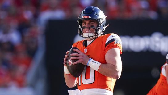 Nov 16, 2025; Denver, Colorado, USA; Denver Broncos quarterback Bo Nix (10) looks to pass during the first quarter of the game against the Kansas City Chiefs at Empower Field at Mile High. Nov 16, 2025; Denver, Colorado, USA; Denver Broncos quarterback Bo Nix (10) looks to pass during the first quarter of the game against the Kansas City Chiefs at Empower Field at Mile High.