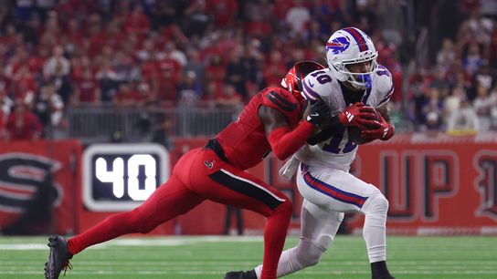 Nov 20, 2025; Houston, Texas, USA; Houston Texans cornerback Kamari Lassiter (4) pushes Buffalo Bills wide receiver Khalil Shakir (10) out of bounds in the second half at NRG Stadium. Nov 20, 2025; Houston, Texas, USA; Houston Texans cornerback Kamari Lassiter (4) pushes Buffalo Bills wide receiver Khalil Shakir (10) out of bounds in the second half at NRG Stadium.