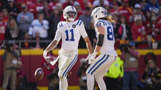 Nov 23, 2025; Kansas City, Missouri, USA; Indianapolis Colts wide receiver Michael Pittman Jr. (11) celebrates with tight end Tyler Warren (84) after scoring a touchdown against the Kansas City Chiefs in the first quarter at GEHA Field at Arrowhead Stadium. Nov 23, 2025; Kansas City, Missouri, USA; Indianapolis Colts wide receiver Michael Pittman Jr. (11) celebrates with tight end Tyler Warren (84) after scoring a touchdown against the Kansas City Chiefs in the first quarter at GEHA Field at Arrowhead Stadium.