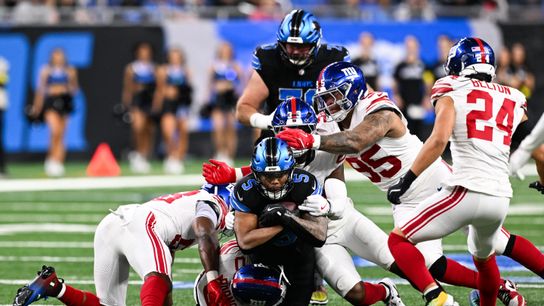 Nov 23, 2025; Detroit, Michigan, USA; Detroit Lions running back David Montgomery (5) is tackled after a short pass in the second quarter against the New York Giants at Ford Field. Nov 23, 2025; Detroit, Michigan, USA; Detroit Lions running back David Montgomery (5) is tackled after a short pass in the second quarter against the New York Giants at Ford Field.