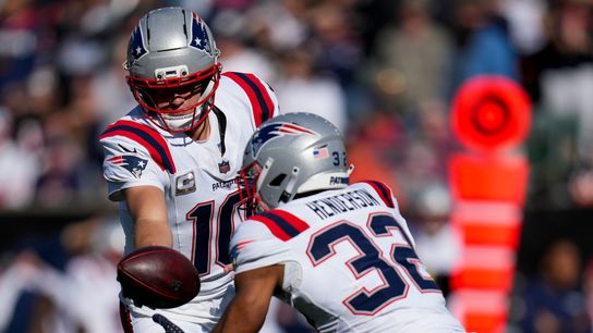 New England Patriots quarterback Drake Maye (10) hands off to running back TreVeyon Henderson (32) in the first quarter of the NFL Week 12 game between the Cincinnati Bengals and the New England Patriots at Paycor Stadium in downtown Cincinnati on Sunday, Nov. 23, 2025. New England Patriots quarterback Drake Maye (10) hands off to running back TreVeyon Henderson (32) in the first quarter of the NFL Week 12 game between the Cincinnati Bengals and the New England Patriots at Paycor Stadium in downtown Cincinnati on Sunday, Nov. 23, 2025.