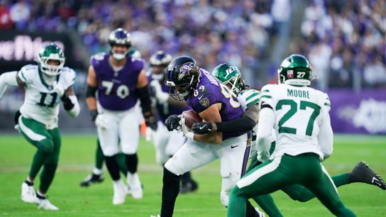 Nov 23, 2025; Baltimore, Maryland, USA; Baltimore Ravens tight end Mark Andrews (89) rushes during the fourth quarter against the New York Jets at M&T Bank Stadium. Nov 23, 2025; Baltimore, Maryland, USA; Baltimore Ravens tight end Mark Andrews (89) rushes during the fourth quarter against the New York Jets at M&T Bank Stadium.