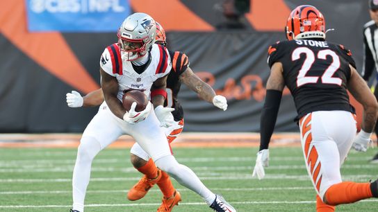 Nov 23, 2025; Cincinnati, Ohio, USA; New England Patriots wide receiver Stefon Diggs (8) makes a catch against Cincinnati Bengals cornerback DJ Turner II (20) during the second half at Paycor Stadium. Nov 23, 2025; Cincinnati, Ohio, USA; New England Patriots wide receiver Stefon Diggs (8) makes a catch against Cincinnati Bengals cornerback DJ Turner II (20) during the second half at Paycor Stadium.