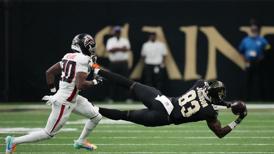 Nov 23, 2025; New Orleans, Louisiana, USA; New Orleans Saints tight end Juwan Johnson (83) makes diving catch attempt as Atlanta Falcons cornerback Dee Alford (20) defends during the first half at Caesars Superdome. Nov 23, 2025; New Orleans, Louisiana, USA; New Orleans Saints tight end Juwan Johnson (83) makes diving catch attempt as Atlanta Falcons cornerback Dee Alford (20) defends during the first half at Caesars Superdome.