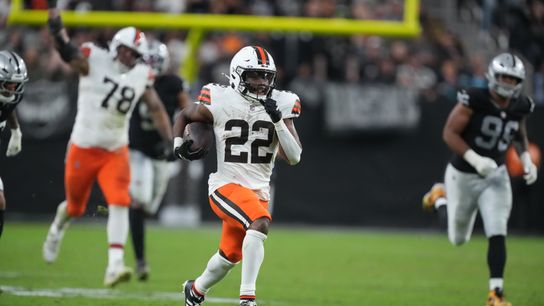 Nov 23, 2025; Paradise, Nevada, USA; Cleveland Browns running back Dylan Sampson (22) carries the ball on a 66-yard touchdown reception against the Las Vegas Raiders in the second half at Allegiant Stadium. Nov 23, 2025; Paradise, Nevada, USA; Cleveland Browns running back Dylan Sampson (22) carries the ball on a 66-yard touchdown reception against the Las Vegas Raiders in the second half at Allegiant Stadium.