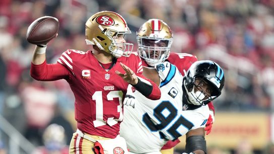 Nov 24, 2025; Santa Clara, California, USA; San Francisco 49ers quarterback Brock Purdy (13) drops back to pass against the Carolina Panthers during the first half at Levi's Stadium. Nov 24, 2025; Santa Clara, California, USA; San Francisco 49ers quarterback Brock Purdy (13) drops back to pass against the Carolina Panthers during the first half at Levi's Stadium.