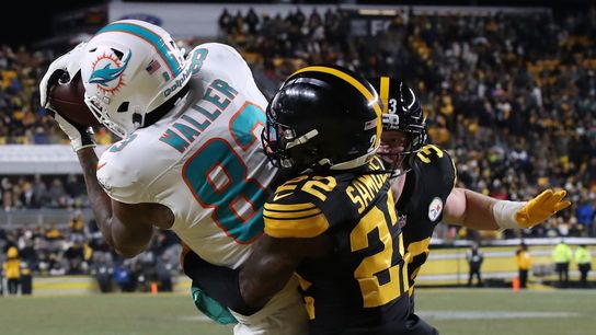 Dec 15, 2025; Pittsburgh, Pennsylvania, USA; Miami Dolphins tight end Darren Waller (83) catches the ball for a touchdown in the fourth quarter against the Pittsburgh Steelers at Acrisure Stadium. Dec 15, 2025; Pittsburgh, Pennsylvania, USA; Miami Dolphins tight end Darren Waller (83) catches the ball for a touchdown in the fourth quarter against the Pittsburgh Steelers at Acrisure Stadium.