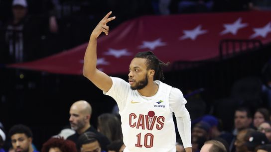 Cleveland Cavaliers guard Darius Garland (10) reacts to his three pointer against the Philadelphia 76ers during the first quarter at Xfinity Mobile Arena. Cleveland Cavaliers guard Darius Garland (10) reacts to his three pointer against the Philadelphia 76ers during the first quarter at Xfinity Mobile Arena.