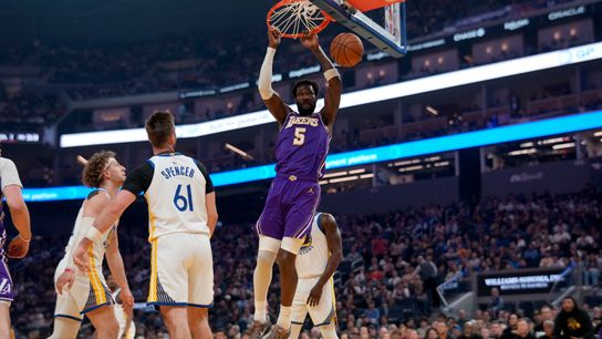 Los Angeles Lakers center Deandre Ayton (5) dunks the ball against the Golden State Warriors in the first quarter at the Chase Center. Los Angeles Lakers center Deandre Ayton (5) dunks the ball against the Golden State Warriors in the first quarter at the Chase Center.