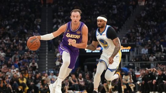 Los Angeles Lakers guard Luke Kennard (10) dribbles the ball against Golden State Warriors guard Gary Payton II (0) in the second quarter at the Chase Center. Los Angeles Lakers guard Luke Kennard (10) dribbles the ball against Golden State Warriors guard Gary Payton II (0) in the second quarter at the Chase Center.