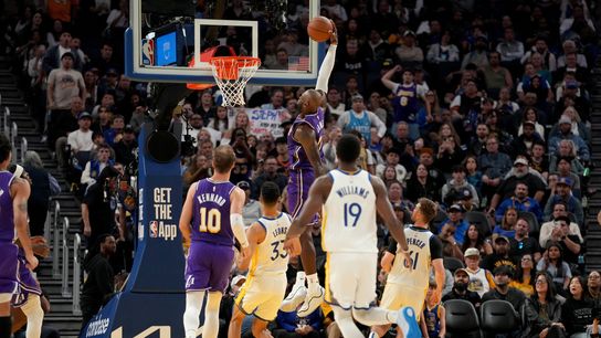 Los Angeles Lakers forward LeBron James (23) dunks the ball against the Golden State Warriors in the fourth quarter at the Chase Center. Los Angeles Lakers forward LeBron James (23) dunks the ball against the Golden State Warriors in the fourth quarter at the Chase Center.