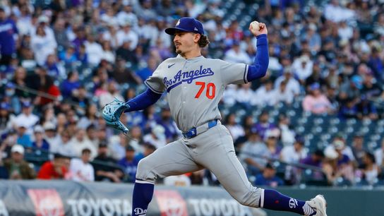 Los Angeles Dodgers starting pitcher Justin Wrobleski (70) pitches in the first inning against the Colorado Rockies at Coors Field. Los Angeles Dodgers starting pitcher Justin Wrobleski (70) pitches in the first inning against the Colorado Rockies at Coors Field.