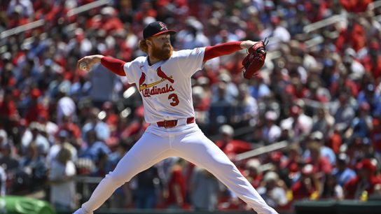 St. Louis Cardinals starting pitcher Dustin May (3) delivers a pitch against the Los Angeles Dodgers in the first inning at Busch Stadium. St. Louis Cardinals starting pitcher Dustin May (3) delivers a pitch against the Los Angeles Dodgers in the first inning at Busch Stadium.