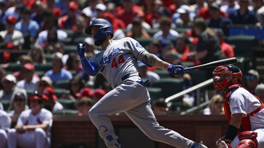 Los Angeles Dodgers center fielder Andy Pages (44) hits an RBI double against the St. Louis Cardinals in the second inning at Busch Stadium. Los Angeles Dodgers center fielder Andy Pages (44) hits an RBI double against the St. Louis Cardinals in the second inning at Busch Stadium.
