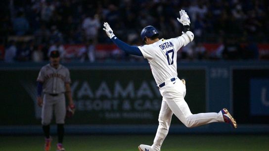 Los Angeles Dodgers designated hitter Shohei Ohtani (17) acknowledges the Dodgers bullpen and runs the bases after hitting a one run home run against San Francisco Giants starting pitcher Adrian House... Los Angeles Dodgers designated hitter Shohei Ohtani (17) acknowledges the Dodgers bullpen and runs the bases after hitting a one run home run against San Francisco Giants starting pitcher Adrian House...