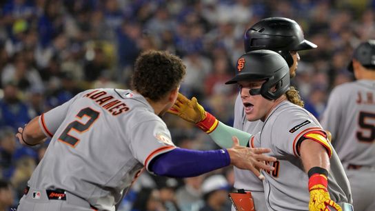 San Francisco Giants center fielder Harrison Bader (9) celebrates with shortstop Willy Adames (2) after hitting a one run home run against Los Angeles Dodgers starting pitcher Yoshinobu Yamamoto San Francisco Giants center fielder Harrison Bader (9) celebrates with shortstop Willy Adames (2) after hitting a one run home run against Los Angeles Dodgers starting pitcher Yoshinobu Yamamoto