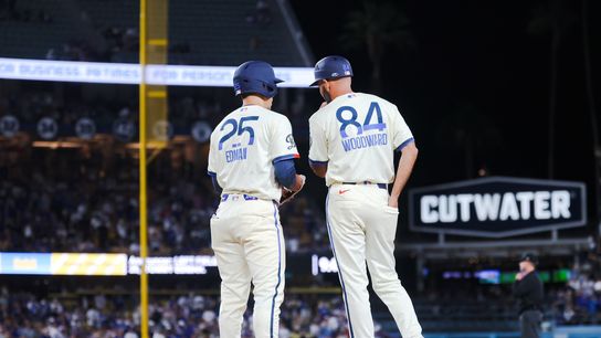Los Angeles Dodgers second baseman Tommy Edman (25) reaches first base in the bottom of the ninth inning against the Baltimore Orioles at Dodger Stadium. Los Angeles Dodgers second baseman Tommy Edman (25) reaches first base in the bottom of the ninth inning against the Baltimore Orioles at Dodger Stadium.