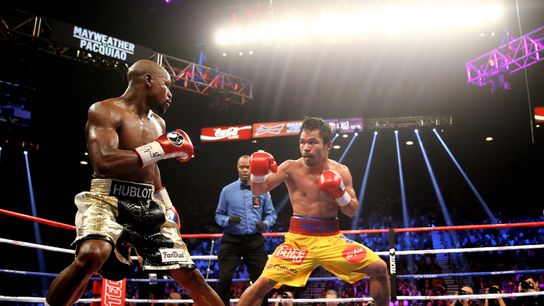 Mayweather, Pacquiao announce rematch on Sept. 19 at Sphere in Las Vegas on Netflix taken in Las Vegas (Boxing). Photo by Mark J. Rebilas-Imagn Images
