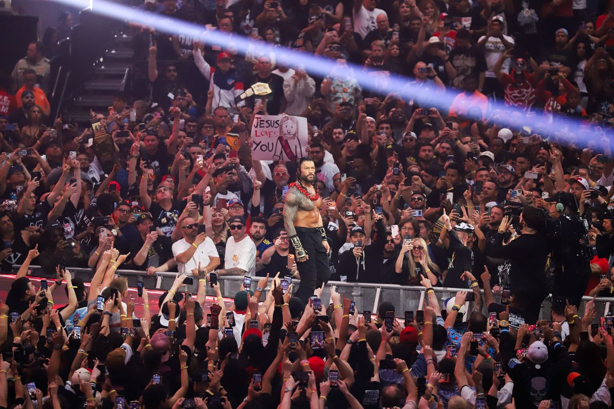 WWE wrestler Roman Reigns enters the Stadium ahead of the WWE World Heavyweight Championship match against CM Punk during WrestleMania 42 on Sunday April 19, 2026 at Allegiant Stadium. WWE wrestler Roman Reigns enters the Stadium ahead of the WWE World Heavyweight Championship match against CM Punk during WrestleMania 42 on Sunday April 19, 2026 at Allegiant Stadium.