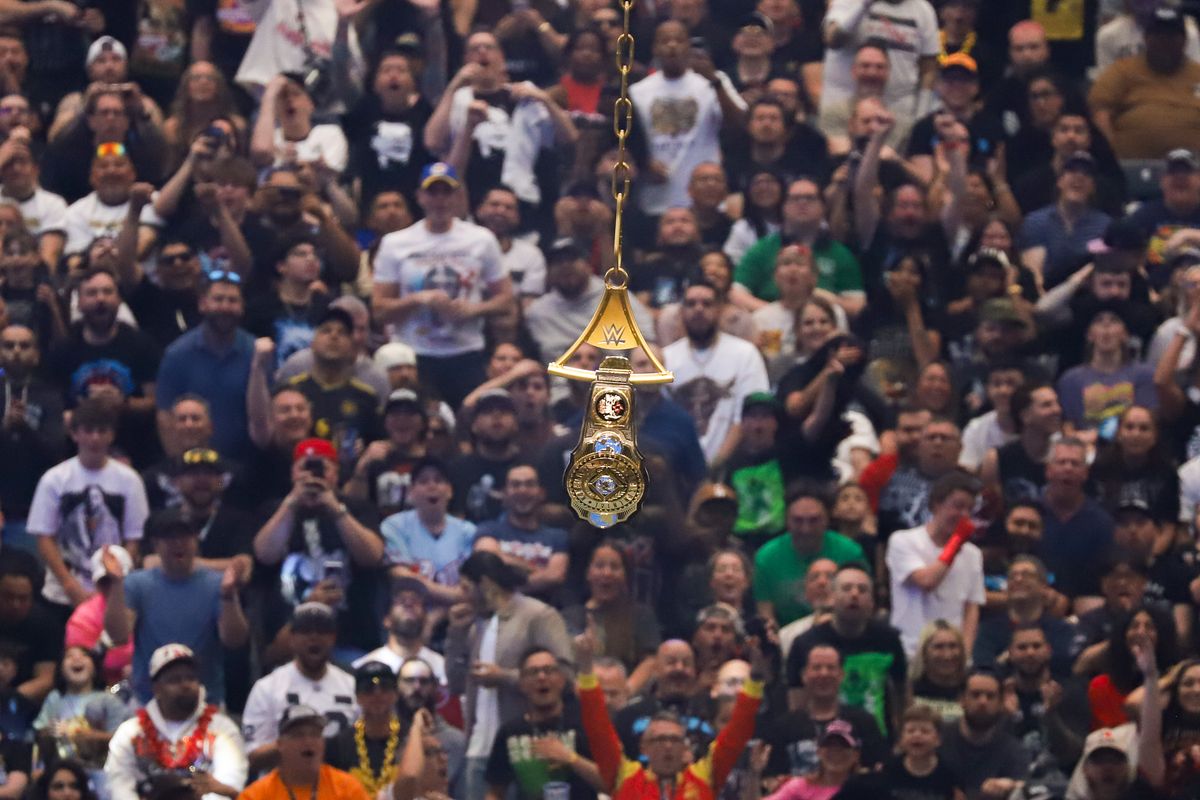 WWE Intercontinental championship belt hangs above the ring in the Intercontinental Championship ladder match during WrestleMania 42 on Sunday April 19, 2026 at Allegiant Stadium. WWE Intercontinental championship belt hangs above the ring in the Intercontinental Championship ladder match during WrestleMania 42 on Sunday April 19, 2026 at Allegiant Stadium.