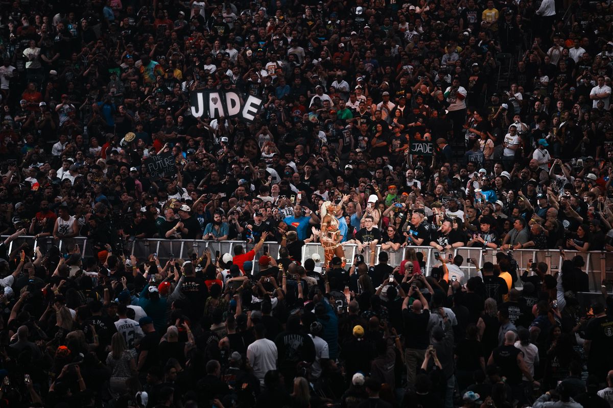 WWE wrestler Jade Cargill enters the stadium ahead of the women’s championship match against Rhea Ripley during WrestleMania 42 on Sunday April 19, 2026 at Allegiant Stadium. WWE wrestler Jade Cargill enters the stadium ahead of the women’s championship match against Rhea Ripley during WrestleMania 42 on Sunday April 19, 2026 at Allegiant Stadium.