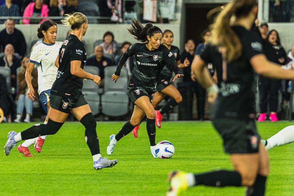 Angel City FC forward Christen Press (23) looks to score at a NWSL game against the Seattle Reign on Sunday March 30th, 2025 in Los Angeles, California. Angel City FC forward Christen Press (23) looks to score at a NWSL game against the Seattle Reign on Sunday March 30th, 2025 in Los Angeles, California.