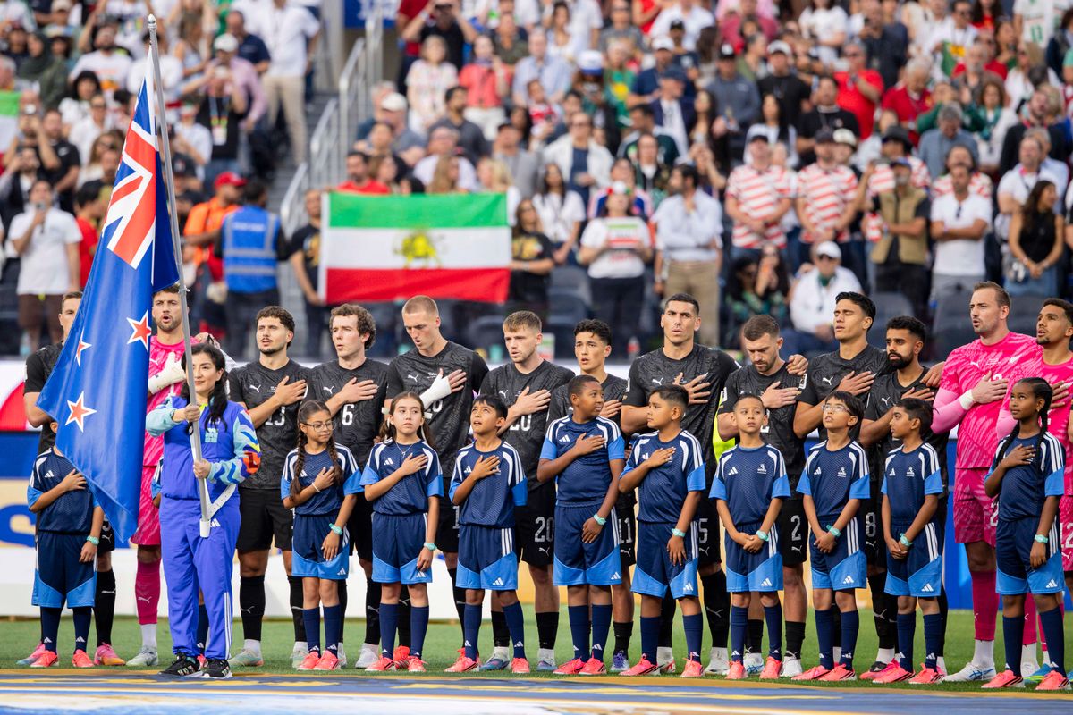New Zealand players line up for the national anthem before a 2026 FIFA World Cup match against Iran, Monday June 15, 2026 in Inglewood, Calif. New Zealand players line up for the national anthem before a 2026 FIFA World Cup match against Iran, Monday June 15, 2026 in Inglewood, Calif.