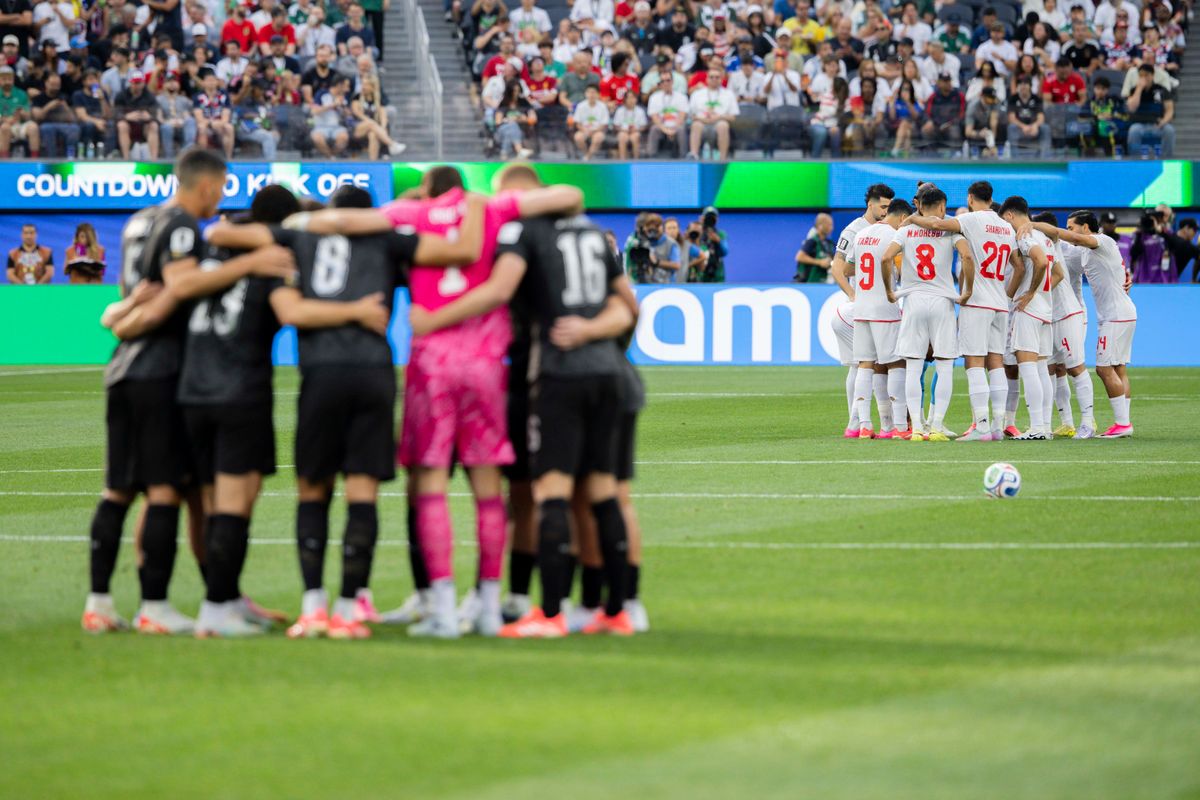 Iran and New Zealand’s starting XI huddle on the pitch before their 2026 FIFA World Cup match, Monday June 15, 2026 in Inglewood, Calif. Iran and New Zealand’s starting XI huddle on the pitch before their 2026 FIFA World Cup match, Monday June 15, 2026 in Inglewood, Calif.
